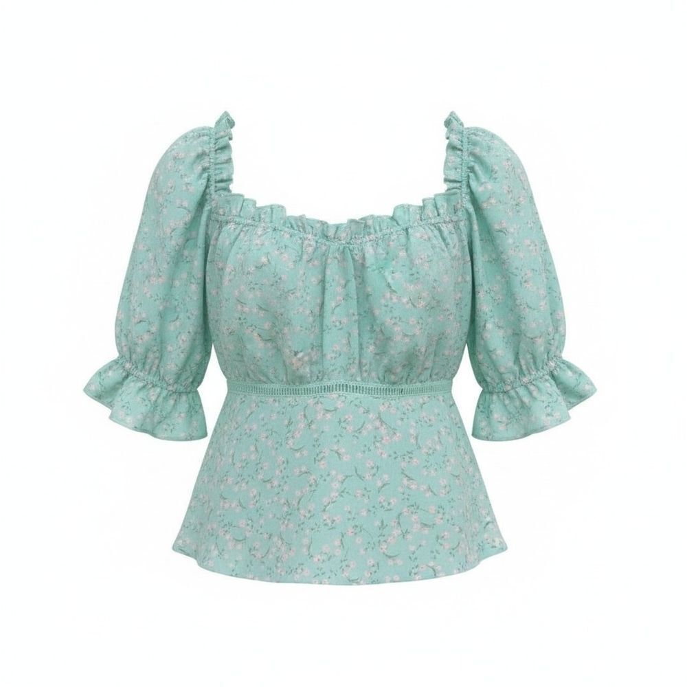 Peasant Type Top Green with Pink Flowers New with Tags